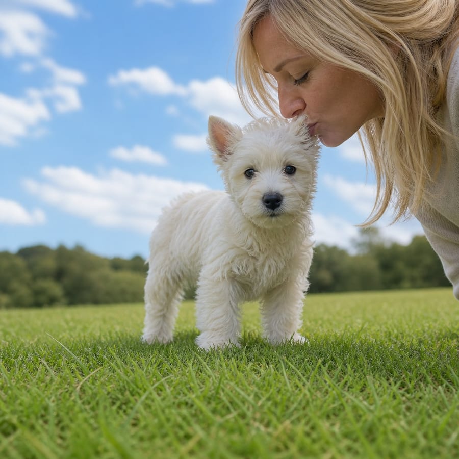 Westiepoo puppy standing on grass, a person kissing the top of its head, at Blue Sky Puppies