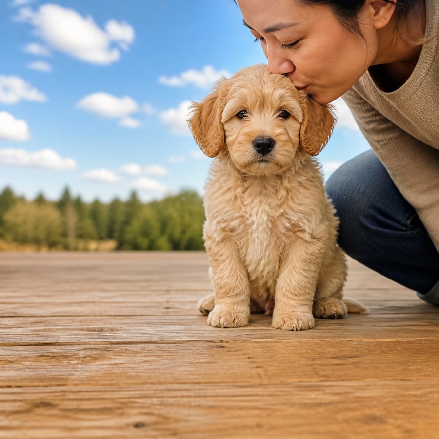 Whoodle puppy standing on grass, a person kissing the top of its head, at Blue Sky Puppies