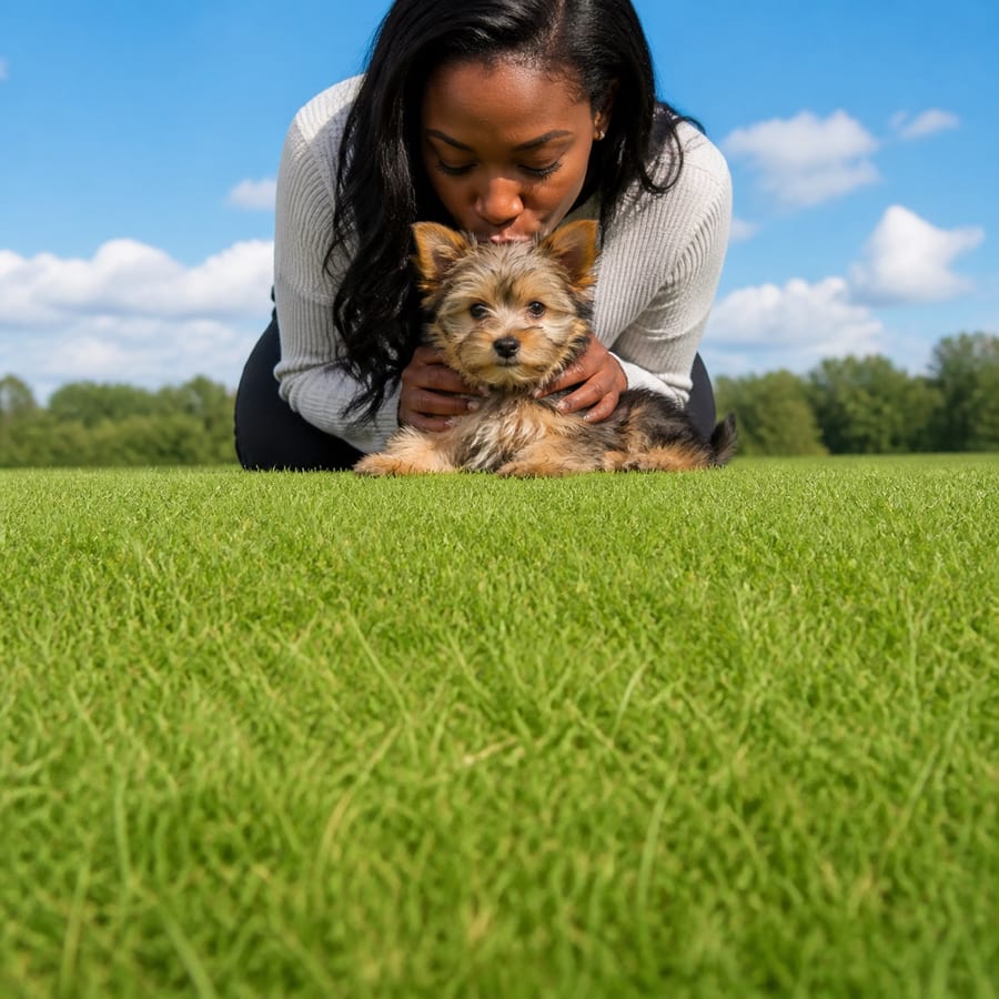 Yoranian puppy standing on grass, a person kissing the top of its head, at Blue Sky Puppies