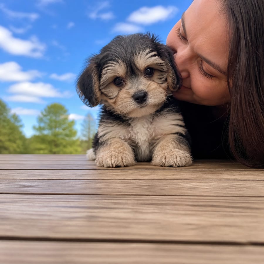 Yorkiechon puppy standing on grass, a person kissing the top of its head, at Blue Sky Puppies