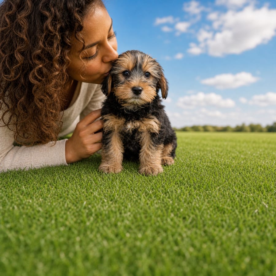 Black and tan curly Yorkiepoo puppy sitting in green grass, a person kissing the top of its head, at Blue Sky Puppies
