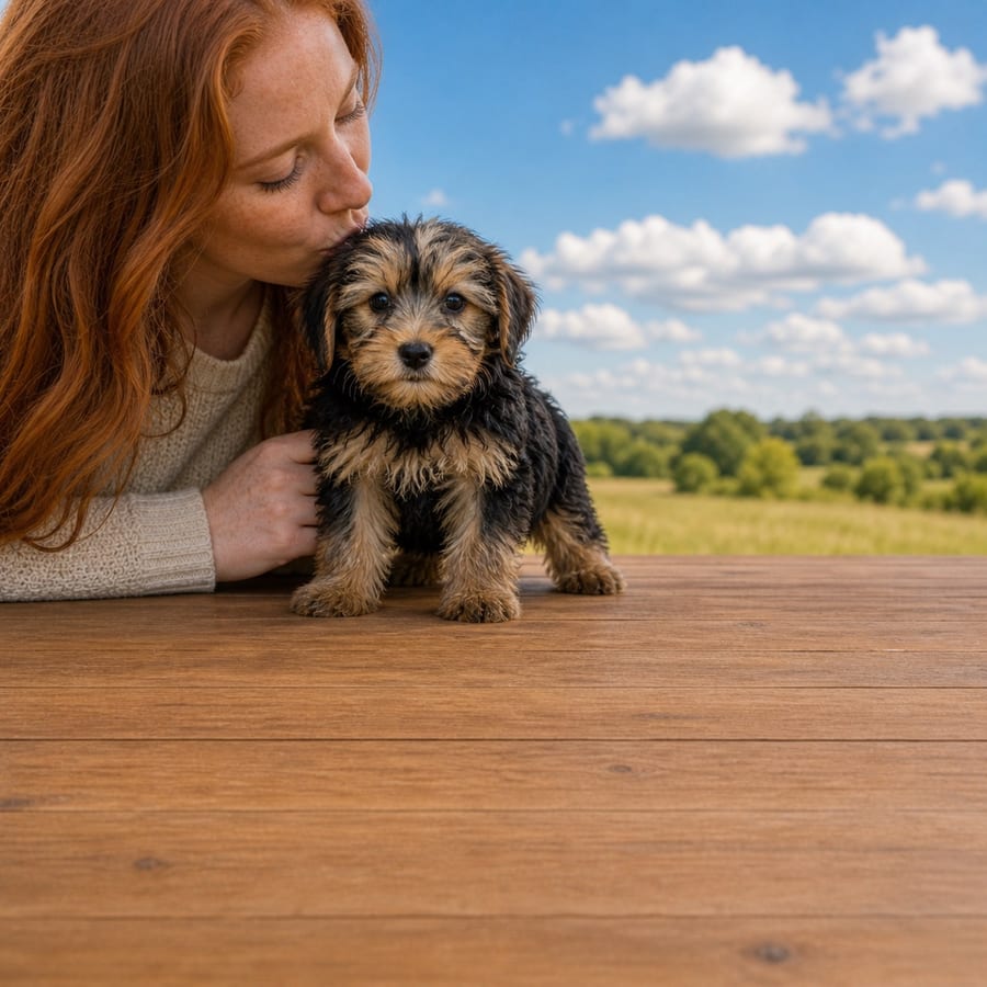 Yorkshire Terrier puppy with a silky tan and steel-blue coat